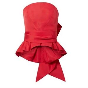 Brandon Maxwell Strapless Bow-embellished Silk-faille Peplum Top In Red Size 6